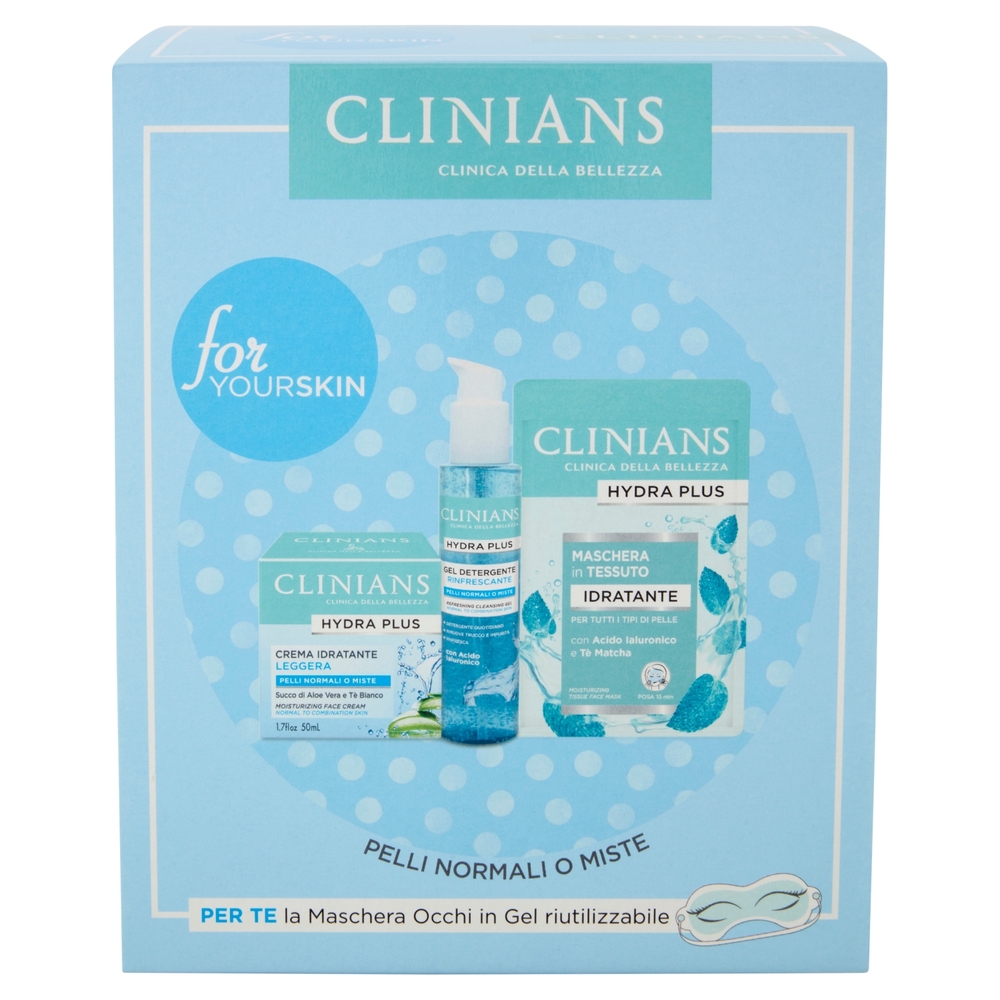 Clinians Hydra Plus Crema Idratante Leggera + Gel Detergente Rinfrescante + Maschera in Tessuto
